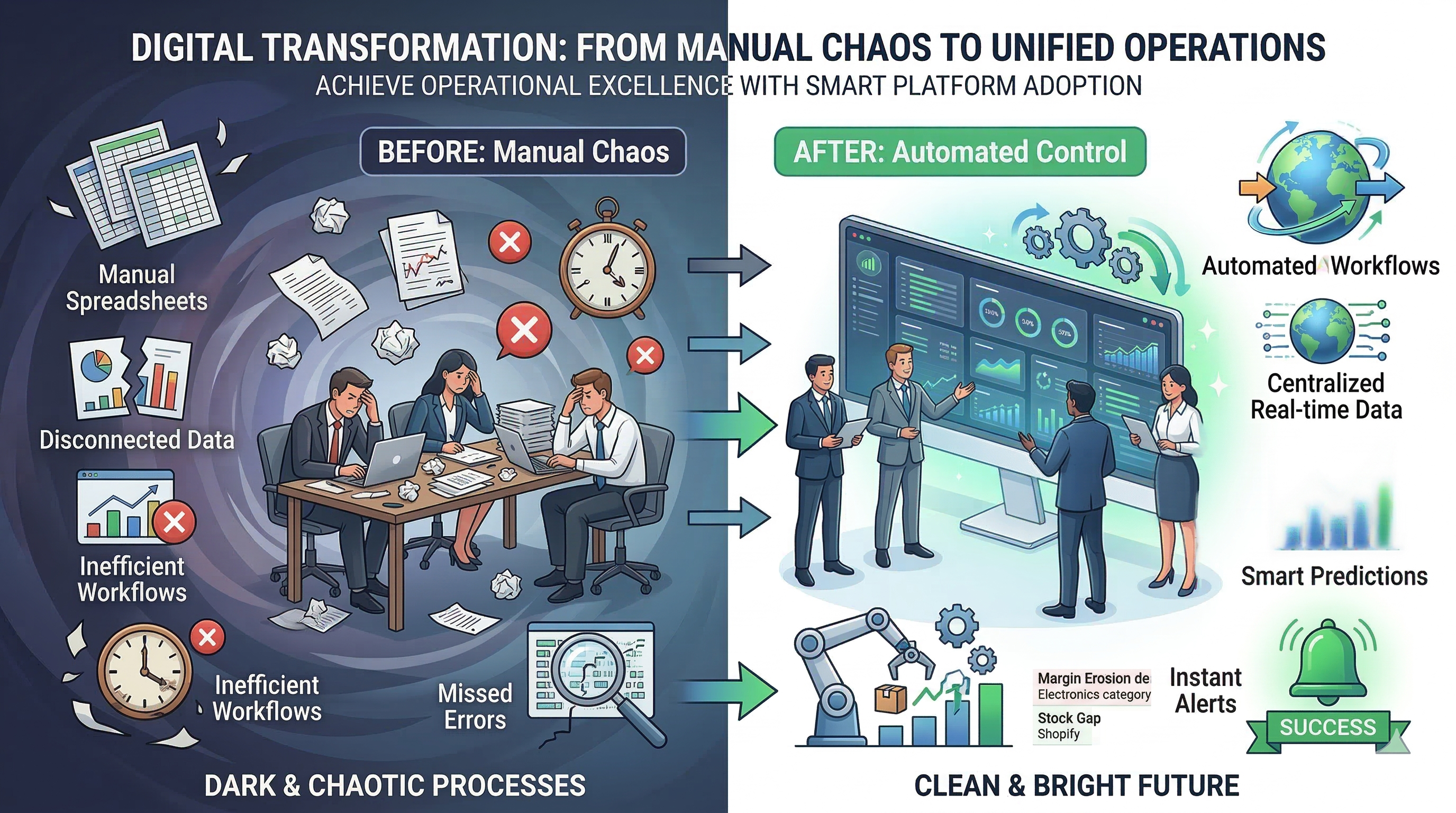 Before and after digital transformation — chaos with spreadsheets vs organized automation