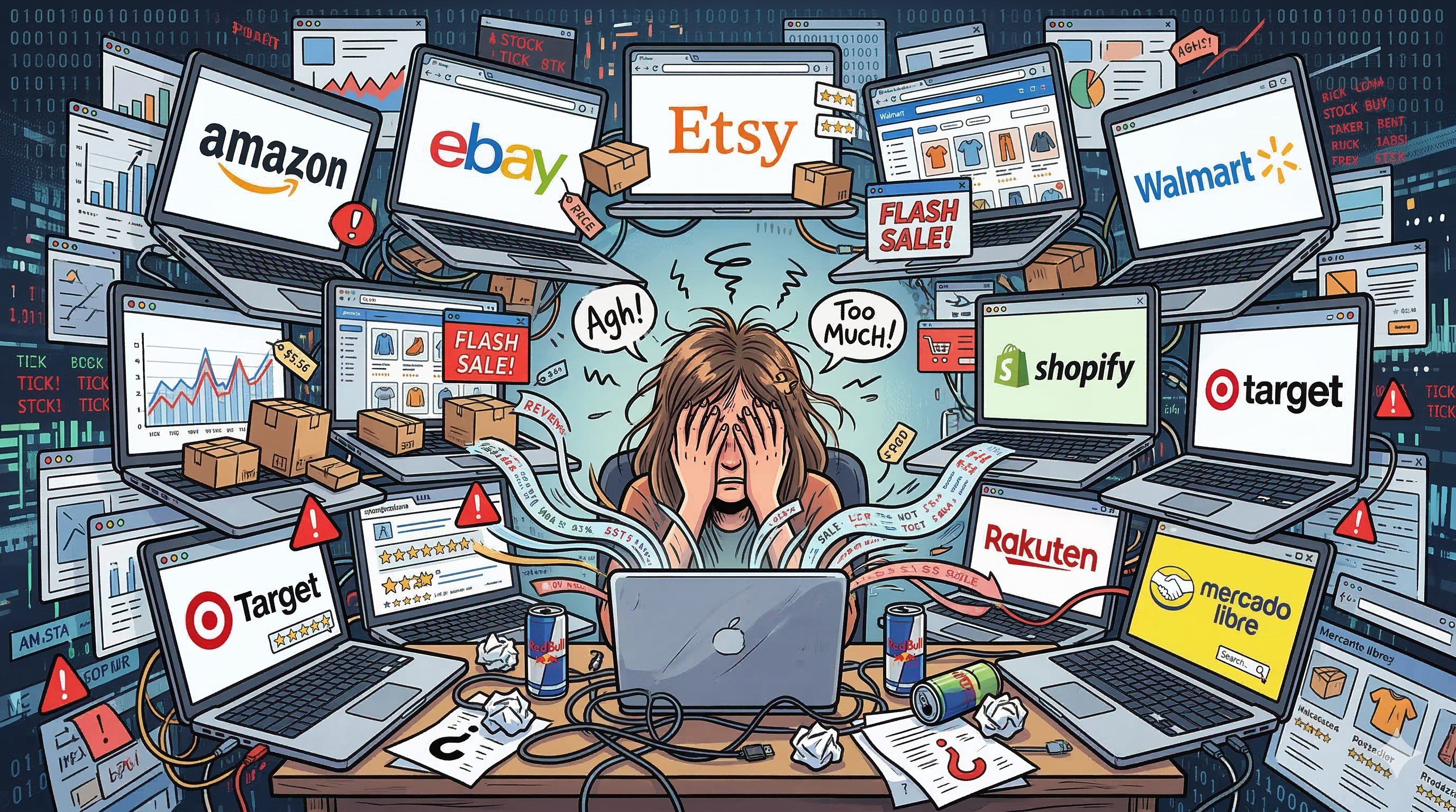A person overwhelmed by 9 different marketplace dashboards open simultaneously
