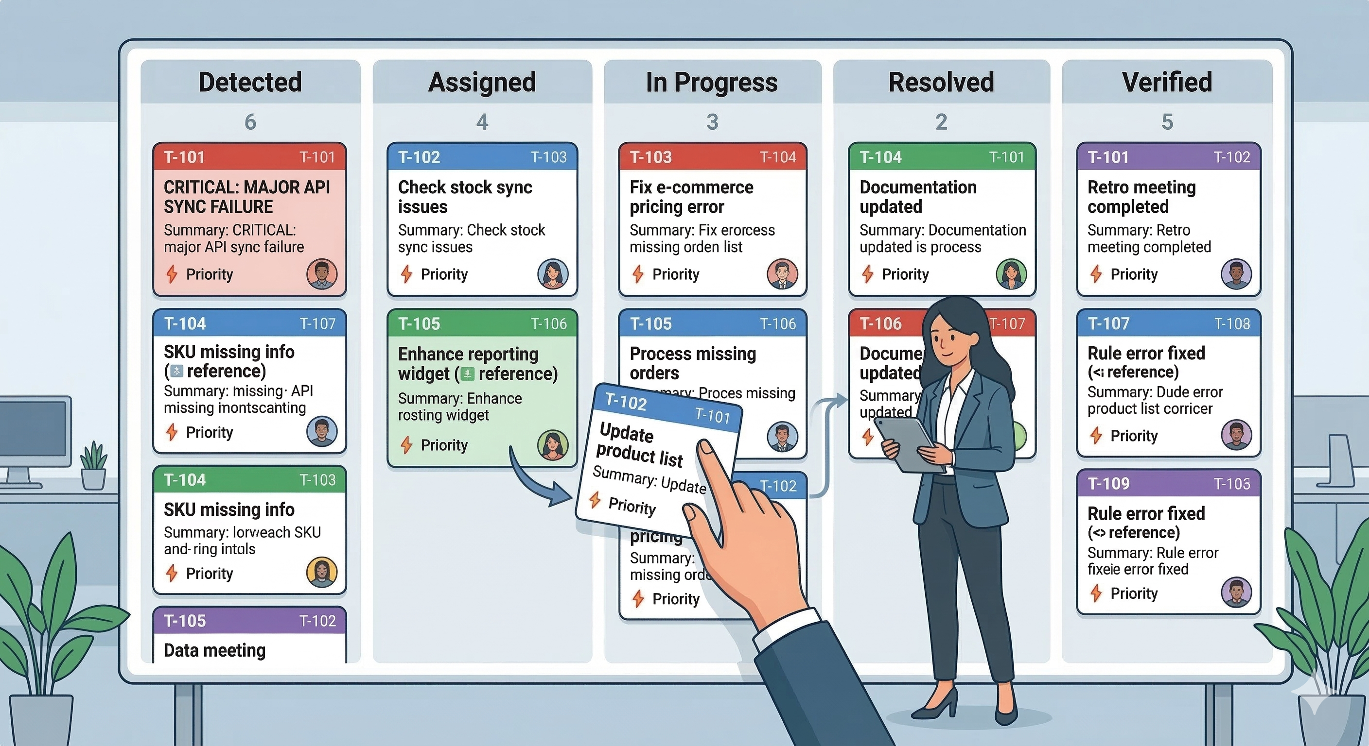 Kanban board showing tickets flowing through stages: Detected, Assigned, In Progress, Resolved