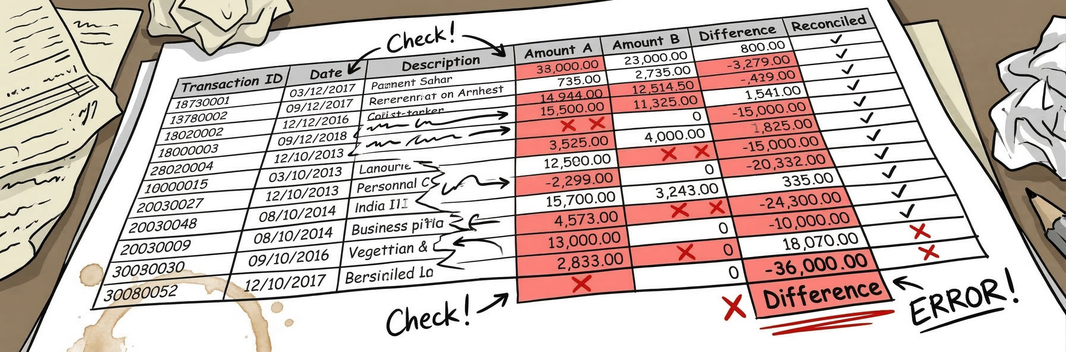 Messy spreadsheets with financial discrepancies highlighted in red